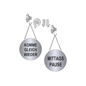 Komme gleich wieder-Mittagspause-Hängeschild-130 mm Ø x 3 mm-Beidseitig bedruckt-Edelstahloptik-Alu. Dibond-Schild-Hinweisschild-HT*139-15