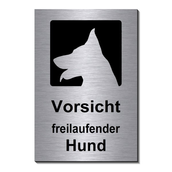 Vorsicht freilaufender Hund-Schäferhund-Aluminium- Dibond-Schild-Edelstahloptik-150 x 100 x 3 mm Material-Warnschild-Hundeschild-HT*1905-77