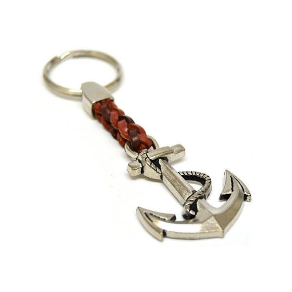 Anker-Schlüsselanhänger mit geflochtenem Lederband-Toll verarbeitet-Metall Chrom silber-Keyholder-Schlüssel-Keyrings-HT*810-11