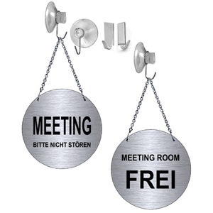 Meeting, nicht stören-Meetingroom frei-Hängeschild-130 mm Ø-Beidseitig bedruckt-Edelstahloptik-Alu. Dibond-Schild-Hinweisschild-HT*139-16