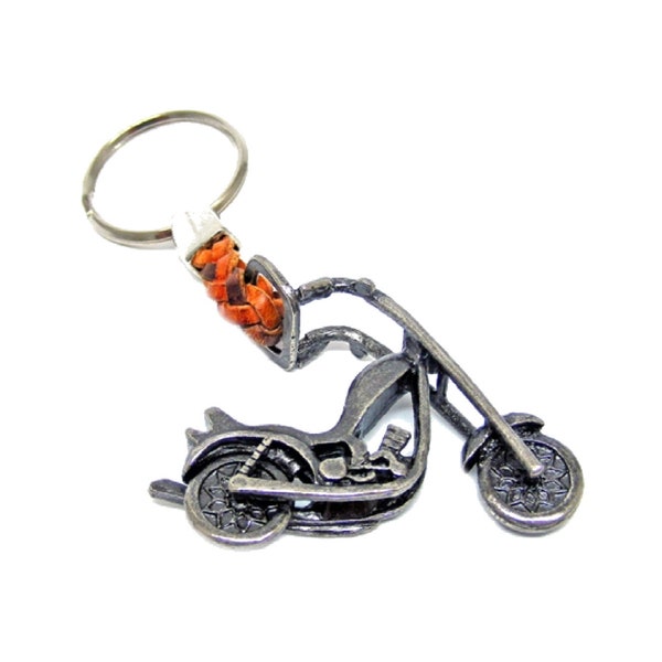 Chopper-Motorrad--Schlüsselanhänger mit geflochtenem Lederband-Toll verarbeitet-Metall  silber-Keyholder-Schlüssel-Keyrings-HT*810-9