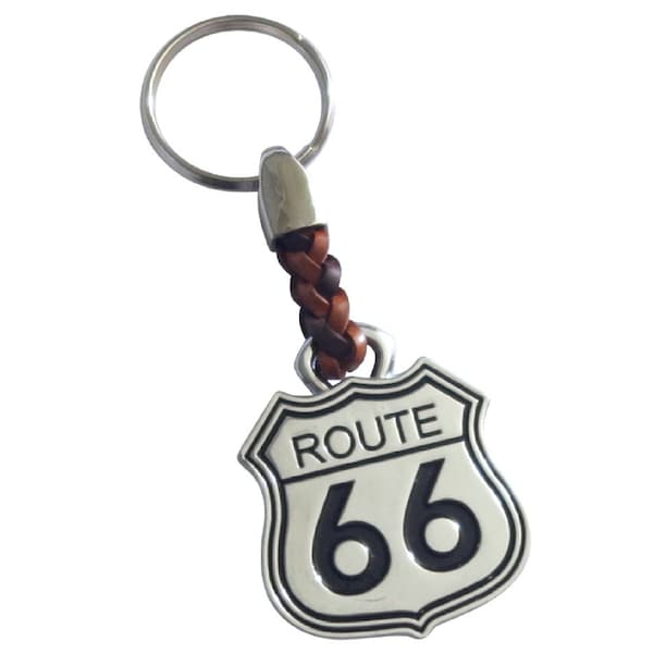 Route 66-Schlüsselanhänger mit geflochtenem Lederband-Toll verarbeitet-Metall Chrom silber-Keyholder-Schlüssel-Keyrings-HT*810-25