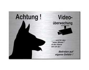 Schäferhund-Videoüberwachung Hund-Aluminium Dibond-Schild-Edelstahloptik-297 x 210 x 3 mm-Warnschild-Hundeschild-HT*133-39