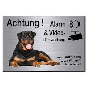Könnte beinhalten: Ein schwarzer und brauner Rottweiler liegt vor einem silbernen Schild mit der Aufschrift "Achtung! Alarm & Video-überwachung... und für den "toten Winkel" bin ich da!" Das Schild hat ein Lautsprecher- und ein Überwachungskamerasymbol.