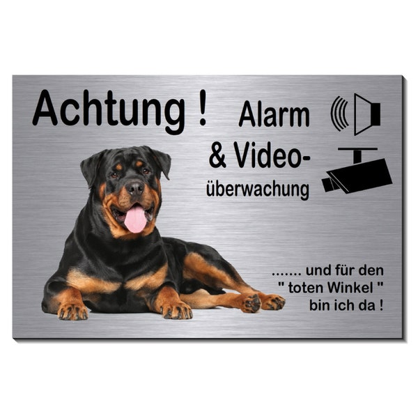 Rottweiler Alarm + Videoüberwachung-Hund-Aluminium Dibond-Schild-Edelstahloptik-150 x 100 x 3 mm-Warnschild-Hundeschild-HT*1905-75