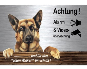 Schäferhund Alarm + Videoüberwachung-Aluminium Dibond-Schild-Edelstahloptik-297 x 210 x 3 mm-Warnschild-Hundeschild-HT*133-22