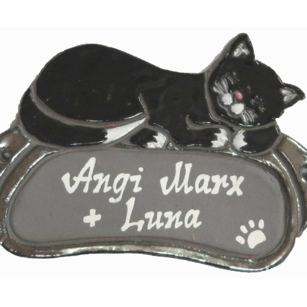 Keramikschild Katze-Namensschild Schild-160 x 115 mm- Auch mit Klingelkontakt- Incl. Kompl.-Beschriftung-HT*6970