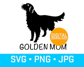 May include: Black silhouette of a golden retriever dog with the text "Golden Mom" and "Digital Download" in a yellow circle below the dog. The text "SVG - PNG - JPG" is at the bottom of the image.
