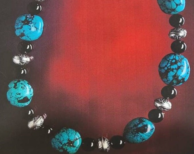 21 inch Turquoise Nugget, Black Onyx, Indian handmade sterling silver beads