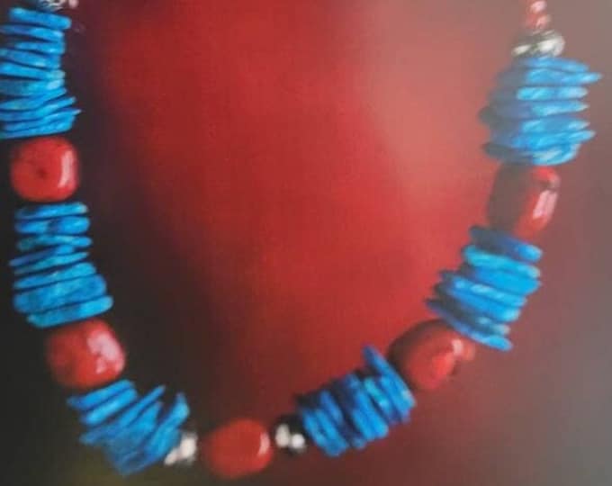 22 3/4 inch Necklace - Chunky Turquoise Nuggets / Large Red Coral / Rondelles / Sterling Silver Beads & Closure