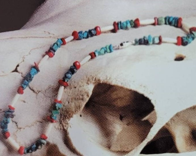 18 inch necklace- Red Coral, Real Bone, Natural Turquoise.