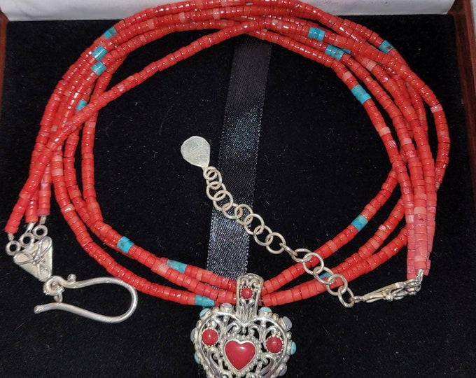 3 Strands of red coral & turquoise sterling silver clasp/heart pendant.