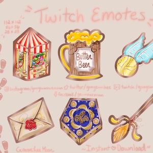 Peut inclure: Un ensemble de neuf illustrations numériques représentant des icônes sur le thème d'Harry Potter. Les icônes comprennent un vif d'or, une chope de bière au beurre, un billet de Poudlard Express, une lettre avec un sceau de cire, une boîte de Bertie Bott's Every Flavor Beans, un balai et un blason de la maison de Poudlard. Les icônes sont dans un style cartoon avec un contour doré et un effet brillant.