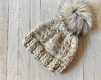 Mountain Spirit Chunky Knit Beanie with Removable Pom Pom | Pacific NW Collection | Handmade Winter Hat