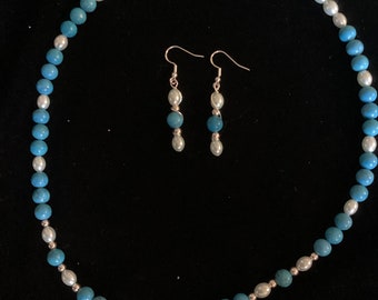 Mixed bead necklace and earrings. Blue and pearl.