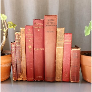 Christmas Decor Books | Collection of Antique & Vintage Books in Red Shades for Holiday Decorating | Home Decor Staging Library Cottage Core