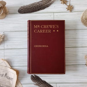 Pode incluir: Um livro de capa dura intitulado "Mr. Crewe's Career" de Churchill, com capa bordô e letras douradas. A imagem inclui elementos decorativos como penas e flores de papel, dispostos sobre uma superfície de madeira branca.