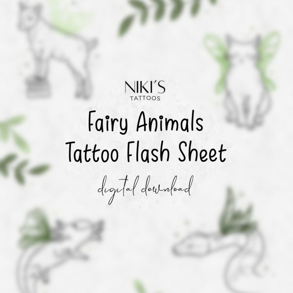 Fairy animals tattoo flash sheet designs digital download