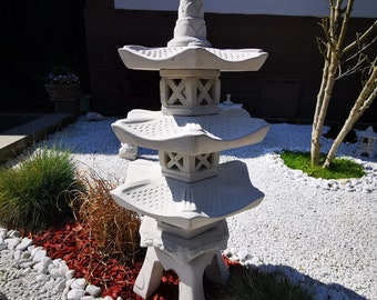 Asian lamp Japanese stone lantern 80 cm 'Pagoda 3' in light gray Garden pond terrace Koi pond Pagoda garden ideas garden design