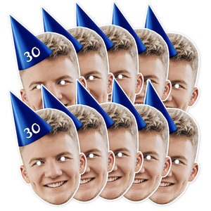 Photo Face Masks (with Personalised Birthday Hats) - Pack of 10 (Photo of Same Face)