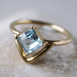 Solid gold engagement ring with princess cut blue topaz, Solitaire natural blue gemstone bridal ring, Gold November gemstone ring image 1