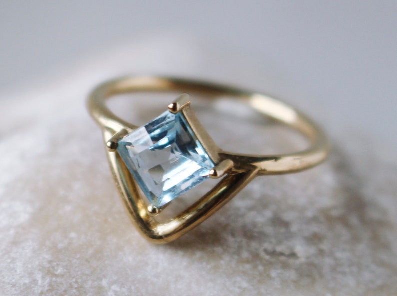 Solid gold engagement ring with princess cut blue topaz, Solitaire natural blue gemstone bridal ring, Gold November gemstone ring image 1