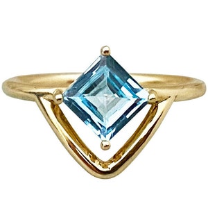 Solid gold engagement ring with princess cut blue topaz, Solitaire natural blue gemstone bridal ring, Gold November gemstone ring image 4