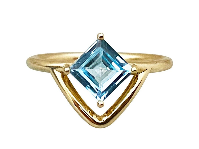 Solid gold engagement ring with princess cut blue topaz, Solitaire natural blue gemstone bridal ring, Gold November gemstone ring image 4