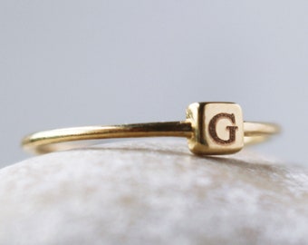 Solid gold square engraved signet ring, Initials personalized text ring gift for girlfriend, Tiny 18K gold name ring for her