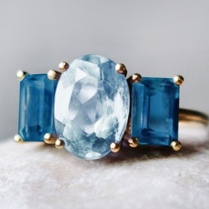 Solid gold blue topaz engagement ring, 3 natural stones bridal ring, 9k/18k gold classic London blue gemstone ring image 1