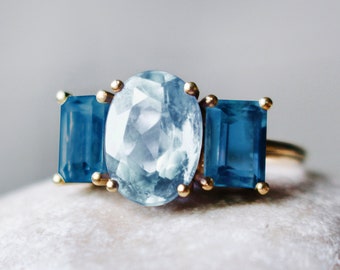 Solid gold blue topaz engagement ring, 3 natural stones bridal ring, 9k/18k gold classic London blue gemstone ring