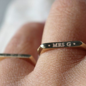 Solid gold rectangle engraved signet ring, Dainty 18K gold name ring for her, Initials personalized text ring gift for girlfriend