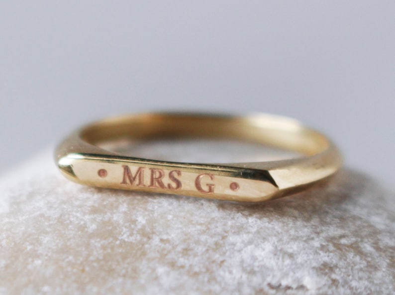 Solid gold rectangle engraved signet ring, Dainty 18K gold name ring for her, Initials personalized text ring gift for girlfriend image 2