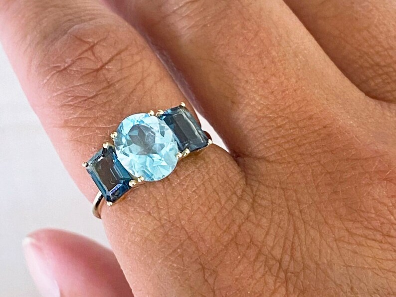 Solid gold blue topaz engagement ring, 3 natural stones bridal ring, 9k/18k gold classic London blue gemstone ring image 3
