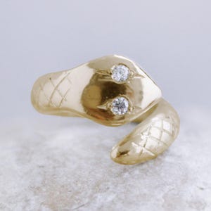Solid gold snake statement ring with diamonds, Engagement white stone serpent ring, 18k gold dainty animal ring, Gift for her