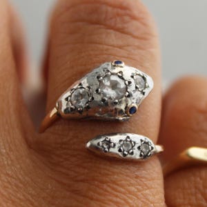 Solid gold antique snake engagement ring with sapphires, Estatement white stone serpent ring, 18k gold and silver victorian ring