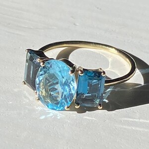 Solid gold blue topaz engagement ring, 3 natural stones bridal ring, 9k/18k gold classic London blue gemstone ring image 2