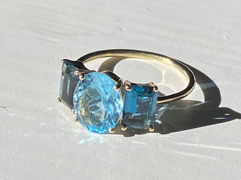 Solid gold blue topaz engagement ring, 3 natural stones bridal ring, 9k/18k gold classic London blue gemstone ring image 2