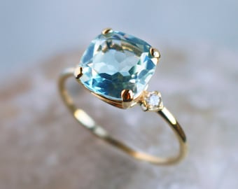 Cushion blue topaz solid gold engagement ring, Light blue gemstone and diamond bride ring, 18k gold art deco solitaire ring