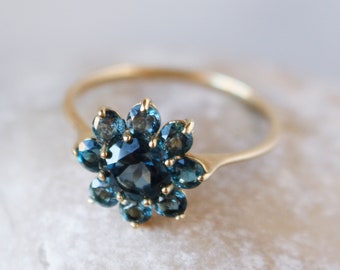 Floral shape solid gold engagement ring with london blue topaz, Halo gemstone dainty bridal ring, 18k vintage flower ring