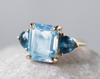 Solid gold engagement ring with emerald cut blue topaz, London Blue topaz bridal ring, 18k 3 natural stone promise ring