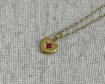 18k solid gold heart pendant, July birthstone natural ruby delicate charm, Minimalist dainty gemstone necklace, Gift for her, Christmas gift