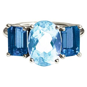 Solid gold blue topaz engagement ring, 3 natural stones bridal ring, 9k/18k gold classic London blue gemstone ring image 6