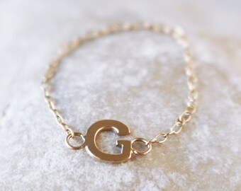 Solid gold letter chain ring, Personalised dainty initial link ring, 9k custom stackable ring
