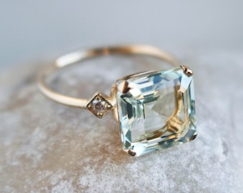 Solid gold solitaire green amethyst engagement ring, Light green gemstone  and diamond bridal ring, 18k gold art deco asscher cut ring