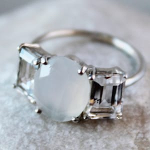 Gold statement ring with white gemstone, 18k gold classic moonstone ring, 3 natural stone engagement promise ring, Gift for her