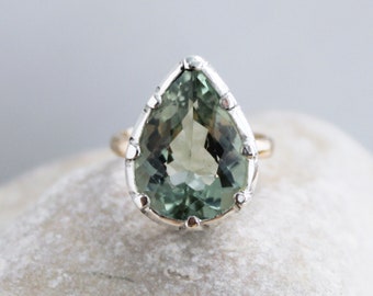 Georgian style solitaire engagement ring, Green amethyst vintage ring, Pear cut sterling silver 14k ring, 18k victorian ring, gift for her