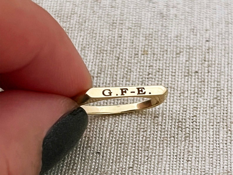 Solid gold rectangle engraved signet ring, Dainty 18K gold name ring for her, Initials personalized text ring gift for girlfriend image 4