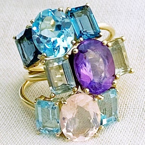Solid gold blue topaz engagement ring, 3 natural stones bridal ring, 9k/18k gold classic London blue gemstone ring image 4
