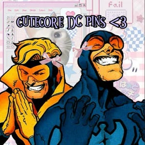 May include: A digital illustration featuring two DC Comics characters with pink bows. The text "CUTECORE DC PINS <3" is displayed at the top. The background is a pastel pink with various cute graphics.